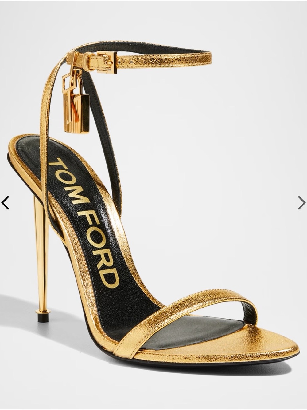 Tom Ford Metallic Gold Leather Ankle-Strap Stiletto Sandals with Padlock Charm